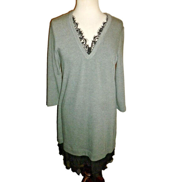 Karen Kane Sweaterdress Dress Gray V Neck Bottom Lace Trim Knit M Medium - Picture 1 of 7